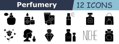 Parfüm seti simgesi. Parfüm şişesi, aroma mumları, kozmetik tüpleri, sprey kutusu, flakon, parfümlü çanta, gül, kadın silueti, elmas şişesi, küçük örnekler, niş etiketi, yay şişesi