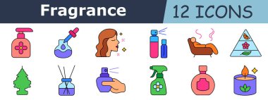 Koku dizisi simgesi. Sabun makinesi, damlatıcı şişesi, kadın profili, parfüm spreyi, kanepe aroması, koku piramidi, oda spreyi, kamış yayıcı, şişeli el, tetik spreyi, flakon, aroma mumu.