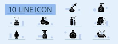 Koku dizisi simgesi. Yayıcı, el spreyi, damlatıcı, losyon, kadın yüzü, araba spreyi, oda spreyi, şişe, parfüm, rahatlama, hava bakımı, hoş bir koku..