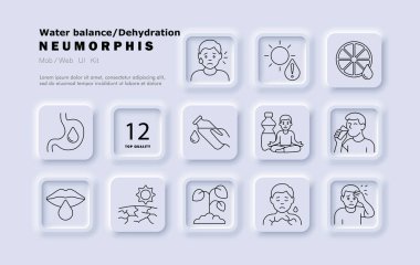 Susuzluk çizgisi simgesi. Ter, susuzluk, güneş yanığı, çatlak deri, narenciye, su şişesi, dudak, solmuş bitki, ağız kuruluğu, yoga, baş ağrısı, mide ağrısı..