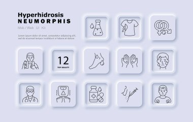 Hiperhidroz ikonu. Terleyen yüz, koltuk altları, avuçlar, ıslak ayaklar, lekeli giysiler, stres reaksiyonu, doktor, ölçü, ilaç, iğne, cilt sorunu, ısı hassasiyeti.