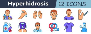 Hiperhidroz ikonu. Şişeli adam, terleyen ayak, damlalı eller, terli yüz, ıslak gömlek, koltuk altı enjeksiyonu, ilaç, titreyen bacaklar, doktor, cinsiyet sembolleri, ıslak elbiseler, laboratuvar şişesi.