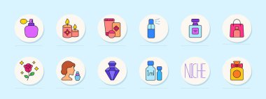 Parfüm seti simgesi. Atomizer, mumlar, kozmetik, sprey, flacon, hediye paketi, gül, kadın, kristal şişe, numune seti, güzel koku, yay, sunum, cilt bakımı.