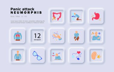 Panik atak ikonu. Göğüs darlığı, bağırsak iltihabı, kusma, mide ağrısı, titreme, korku pozu, vücut titremesi, baş dönmesi, enerji kaybı, kalp atışı, kulak zonklaması..