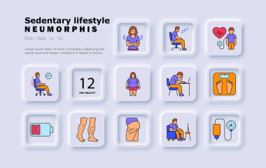 Sabit yaşam biçimi simgesi. Ofis koltuğu, sırt ağrısı, durgunluk, yorgunluk, kilo alma, tansiyon, yorgunluk, obezite, çalışma masası, ölçü, şişkinlik, oturma alışkanlığı.