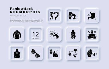 Panik atak ikonu. Akciğer stresi, mide yanması, kusma, mide gerilimi, soğuk terleme, baş döndürücü el, korku duruşu, vücut titremesi, görsel bozulma, yorgunluk, kalp monitörü, zil..
