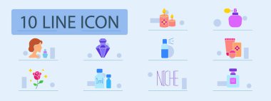 Parfüm koleksiyonu simgesi. Kokulu mumlar, atomizör, şişe, kozmetik seti, çiçek özü, sprey, minimal tasarım, güzel koku, güzellik, zarafet, lüks.