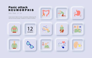 Panik atak ikonu. Akciğer gerilimi, mide yanması, tuvalet tutması, mide iltihabı, görüş bulanıklığı, baş dönmesi, enerji kazası, kafa karışıklığı, sensör alarmı, kalp atışı, soğuk ter..