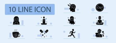 Uyku yardımı ikonu. Maske, baş ağrısı, hayalet, uykusuzluk, meditasyon, çay, mum, koşu, ilaç, duygusal stres, gece rahatlaması, sakinleştirici aletler..