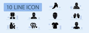 Aşırı terleme ikonu. Islak ayak, terli yüz, ıslak eller, doktor, ilaç, gömlek lekesi, su, cinsiyet ikonu, gergin, stres, terleme belirtisi.