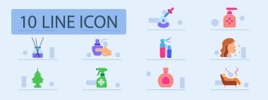 Koku dizisi simgesi. Yayıcı, hava spreyi, damlatıcı, losyon, kadın yüzü, oda spreyi, oda sisi, yuvarlak şişe, rahatlama, aroma terapisi, güzellik, koku bakımı.