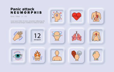 Panik atak ikonu. Nefes alma sorunu, bağırsak krampı, baş dönmesi, baygınlık, vücut ısısı, korku, kafa karışıklığı, ilaç tedavisi, görme bulanıklığı, kalp atışı, kulak çınlaması, yorgunluk..