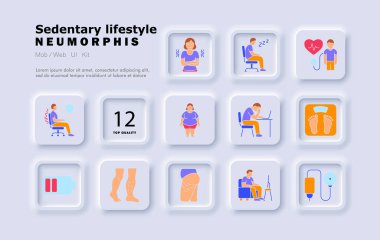 Sabit yaşam biçimi simgesi. Oturan kişi, zayıf duruş, şişkin bacaklar, düşük enerji, ofis işi, ölçü, sırt ağrısı, obezite, kan basıncı, iş yorgunluğu, hareketsizlik.