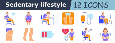 Oturaklı yaşam tarzı taslak simgesi. Oturan adam, omurga ağrısı, obezite, masadaki adam, ayak skalası, serum, monitör, koltuk pozisyonu, selülit bacak, varis damarları, düşük pil, nabız, şekerleme, titreyen kadın.
