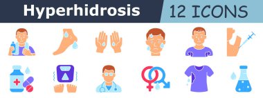 Hiperhidroz ikonu. Şişeli adam, terleyen ayak, damlalı eller, terli yüz, ıslak gömlek, koltuk altı enjeksiyonu, ilaç, titreyen bacaklar, doktor, cinsiyet sembolleri, ıslak elbiseler, laboratuvar şişesi.