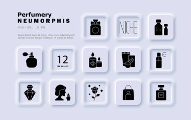 Parfüm seti simgesi. Püskürtme şişesi, aroma mumu, krem, lüks şişe, kadın profili, nikhe etiketi, test tüpü, gül, hediye paketi, koku atomizeri, kap, çiçek paketi.