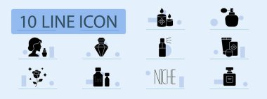 Parfüm koleksiyonu simgesi. Şişe, mum, atomizör, cilt bakımı, gül, flakon, testçi, nikhe, parfüm, aroma koleksiyonu, ev kokusu, güzellik.