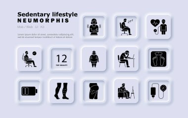 Sabit yaşam biçimi simgesi. Oturan kişi, vücut ağrısı, ofis sandalyesi, obezite, yorgun bacaklar, varisli damarlar, kan basıncı, hareketsizlik, stres duruşu, dizüstü bilgisayar işi, düşük pil.