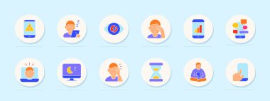 Ekran bağımlılığı simgesi. Telefon alarmı, yorgun gözler, göz yorgunluğu, yorgunluk, analitik aşırı yüklenme, sosyal sel, mavi ışık, uykusuzluk, baş ağrısı, bekle, meditasyon, geçiş.