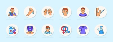 Hiperhidroz ikonu. Terleyen yüz, koltukaltı, eller, stres reaksiyonu, iğne, ilaç, ölçü, doktor, hormonlar, ıslak gömlek, sıvı, analiz, çözüm, aşırı nem.