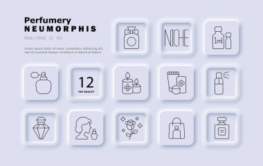 Parfüm seti simgesi. Atomizer, mum, niş şişe, mini numune, kozmetik, kokulu krem, parfümlü kadın, gül, üçgen notlar, alışveriş, zarafet, yağ,.