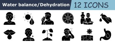 Su dengesi simgesi ayarlandı. Terleyen baş, güneş, su tehlikesi, erkek içkisi, narenciye, kapalı şişeler, oturan adam, su ile el, dudaklar, kuru deri, filiz, baş ağrısı, çatlamış zemin, mide sıvısı