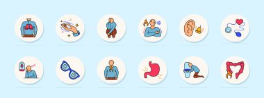 Panik atak ikonu. Sıkı göğüs, titreme, endişe, vücut ısısı, kulak zili, basınç kontrolü, yorgunluk, görsel bozulma, yanma, mide ağrısı, kusma, bağırsak iltihabı..