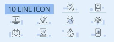 Dijital yorgunluk seti simgesi. Uyuyan ekran, yorgun yüz, telefon uyarısı, baş ağrısı, göz ağrısı, dizüstü bilgisayar, kum saati, adam meditasyon, telefon bağımlılığı, sinyal çubukları