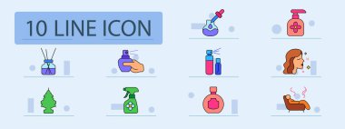 Koku dizisi simgesi. Yayıcı, damlatıcı, sprey, aroma spreyi, şişe seti, parfümlü kadın, çam tazeleyici, çiçek tetik, yuvarlak parfüm, koku ile rahatlatıcı sandalye.