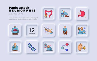 Panik atak ikonu. Göğüs ağrısı, mide bulantısı, soğuk terleme, kas gerilimi, mide ağrısı, korku, baş dönmesi, mide ekşimesi, yorgunluk, duyma sesi, endişe belirtileri..