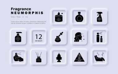 Koku dizisi simgesi. Temel yağ, aroma şişesi, difüzör, kokusu olan kadın, çam ağacı spreyi, parfüm spreyi, dinlenme alanı, piramit, mum kavanozu, ev kokusu.