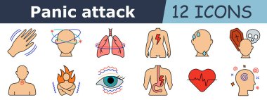 Panik atak ikonu. Solunum sorunu, ışıl ışıl el, çömelmiş vücut, sıcak soğuk kontrast, kulak hassasiyeti, kalp monitörü, yorgun adam, baş dönmesi, göğüs alevi, göz tansiyonu, mide ağrısı, kusma, kolon sorunu