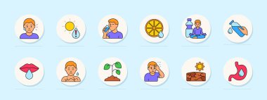 Sıvı kaybı simgesi. Kuraklık, sıcaklık, susuzluk, içki, meyve suyu, su şişesi, meditasyon, dudak, deri, bitki, kafa karışıklığı, çatlak zemin, mide, su dengesi, yaz sıcağı.