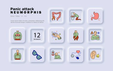 Panik atak ikonu. Çarpıntı, sinir sistemi, kalp hızı, vücut spazmı, baş dönmesi, terleme, göz yorgunluğu, titreme, korku, sıcaklık, iç şok, yorgunluk..