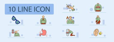 Panik atak ikonu. Solunum sorunu, ışıl ışıl el, çömelmiş vücut, sıcak soğuk kontrast, kulak hassasiyeti, kalp monitörü, yorgun adam, baş dönmesi, göğüs alevi, göz tansiyonu, mide ağrısı, kusma, kolon sorunu