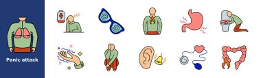 Panic attack set icon. Breathing difficulty, low energy, dizziness, chest burning, stomach pain, nausea, trembling hands, anxiety, hearing sensitivity, heartbeat, digestive upset, fear, panic symptoms.