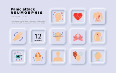 Panik atak ikonu. Hızlı kalp, baş dönmesi, mide ağrısı, bulantı, görsel bulanıklık, korku, vücut rahatsızlığı, göğüs yanması, kafa karışıklığı, nefes darlığı, duyusal aşırı yüklenme.