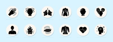 Neurological disorder set icon. Tremor, dizziness, lungs, body pain, sweat, fear, throat signal, fire body, eye twitch, gut pain, toilet, colon burn.