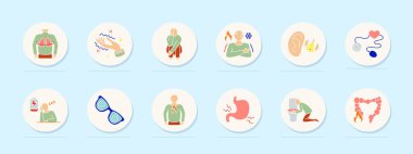 Panik bozukluk ikonu. Akciğer stresi, el spazmı, korku pozu, soğuk hava, işitme sinyali, kan basıncı, yorgunluk, kafa karışıklığı, göğüs yanığı, mide krampı, kusma, kolon ağrısı.