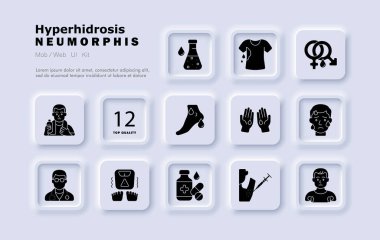 Hiperhidroz ikonu. Terleyen eller, ıslak gömlek, koltuk altı enjeksiyonu, tıbbi şişe, ayak damlaları, anksiyete reaksiyonu, kafa teri, rahatsızlık, tedavi skalası, doktor.