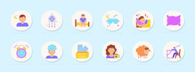 Uyku bozukluğu ikonu. Uykusuzluk, düş kapanı, yorgun insan, maske, uyku ağrısı, yastık, alarm, melatonin, kafein, koyun, masada uyumak.