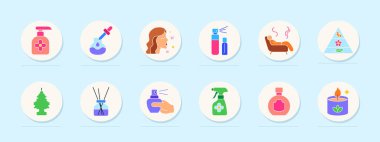 Aroma terapi seti ikonu. Sabun, pipet, koku profili, şişe spreyi, kanepe rahatlaması, parfüm piramidi, oda spreyi, çubuk sıkacağı, ev spreyi, şişe kapağı, mum..