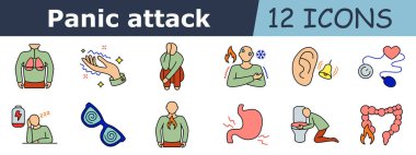 Panik atak ikonu. Solunum sorunu, ışıl ışıl el, çömelmiş vücut, sıcak soğuk kontrast, kulak hassasiyeti, kalp monitörü, yorgun adam, baş dönmesi, göğüs alevi, göz tansiyonu, mide ağrısı, kusma, kolon sorunu