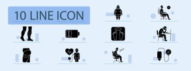 Sabit yaşam biçimi simgesi. Şişmiş bacaklar, obezite, yorgunluk, zayıf duruş, stres, ölçek, hareketsizlik, diz ağrısı, kan basıncı, düşük enerji, dolaşım, sağlık sorunu.