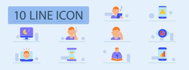 Ekran yorgunluğu simgesi. Uykulu kullanıcı, göz ağrısı, uyarı ekranı, baş ağrısı, göz yorgunluğu, mavi ışık, üzüntü, bilgisayar yorgunluğu, zamanlayıcı, sağlık, dijital stres, aşırı kullanım.