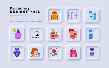 Parfüm seti simgesi. Atomizer, parfüm şişesi, parfüm, aroma mumu, test tüpleri, cilt bakımı, sprey, çiçek kokusu, gül, kozmetik, zarafet, alışveriş çantası..