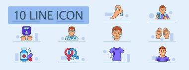 Hiperhidroz ikonu. Ağırlık ayaklarda, terleyen ayak, şişeli adam, ıslak surat, damlalı eller, doktor, haplar, cinsiyet sembolü, ıslak gömlek, koltuk altı sorunu olan adam.