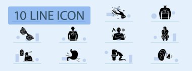 Hastalık belirtileri simgesi. Bulanık görme, bulantı, mide krampı, yorgunluk, kusma, üşüme, kulak çınlaması, üzüntü, sindirim sorunu, denge sorunu, genel olarak zayıflık..