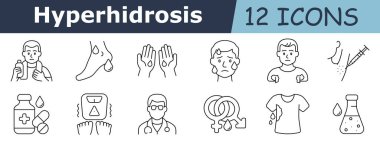 Hiperhidroz ikonu. Şişeli adam, terleyen ayak, damlalı eller, terli yüz, ıslak gömlek, koltuk altı enjeksiyonu, ilaç, titreyen bacaklar, doktor, cinsiyet sembolleri, ıslak elbiseler, laboratuvar şişesi.