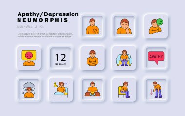 Duyarsızlık ve depresyon renk ikonu. Duygu maskesi, ruh hali düşüşü, yorgun yüz, üzüntü, enerji eksikliği, izolasyon, uyku bozukluğu, iştah kaybı, ilgisizlik, ağlama.